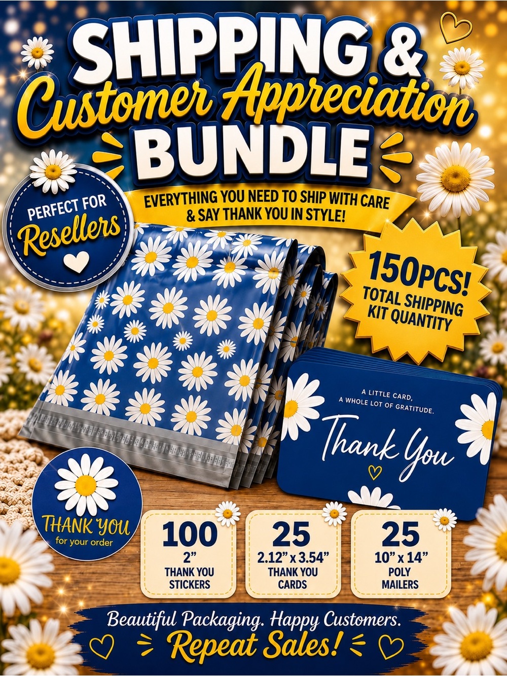 150PC Bundle - 25 Poly Mailers, 25 Cards & 100 Stickers